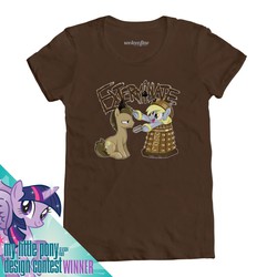 Size: 1000x1000 | Tagged: safe, artist:gimoody, derpy hooves, doctor whooves, time turner, twilight sparkle, alicorn, pony, g4, official, clothes, crossover, dalek, doctor who, exterminate, female, mare, t-shirt, twilight sparkle (alicorn), welovefine