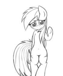 Size: 816x979 | Tagged: safe, artist:heavymetalbronyyeah, rainbow dash, pegasus, pony, g4, belly button, bipedal, black and white, blushing, both cutie marks, cute, female, grayscale, looking at you, mare, monochrome, simple background, sketch, solo, underhoof, waving, white background