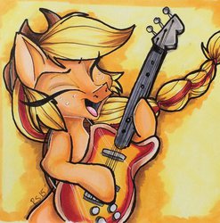 Size: 400x405 | Tagged: safe, artist:tinyunicornfarm, applejack, g4, bass guitar, electric guitar, female, guitar, musical instrument, solo, traditional art