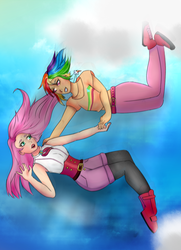 Size: 870x1200 | Tagged: safe, artist:lady-darkdragon, fluttershy, rainbow dash, human, g4, falling, female, humanized, lesbian, midriff, ship:flutterdash, shipping