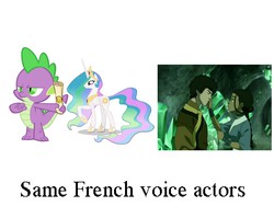 Size: 800x600 | Tagged: safe, princess celestia, spike, alicorn, dragon, human, pony, g4, alexis tomassian, avatar the last airbender, exploitable meme, french, laura préjean, meme, op is wrong, wrong