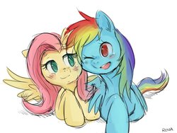 Size: 1024x768 | Tagged: safe, artist:renacollie, fluttershy, rainbow dash, pegasus, pony, g4, colored sketch, duo, female, lesbian, ship:flutterdash, shipping, sketch