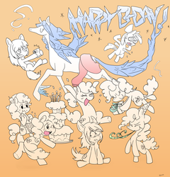 Size: 1500x1564 | Tagged: safe, artist:renacollie, apple bloom, pinkie pie, oc, earth pony, pony, g4, birthday candles, cake, grimderp, happy birthday, hat, icicle, impalement, multeity, party hat, party horn, present, too much pink energy is dangerous