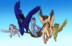 Size: 1278x822 | Tagged: safe, artist:foxenawolf, oc, oc only, oc:calm wind, oc:playbitz, oc:rivet, oc:shine struck, oc:swift justice, pegasus, pony, bandage, pegasus posse, shinejustice, unshorn fetlocks