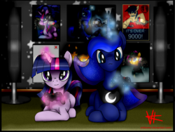 Size: 2144x1608 | Tagged: safe, artist:unitoone, princess luna, scootaloo, twilight sparkle, gamer luna, g4, magic, playstation 3, prone, stalkerloo