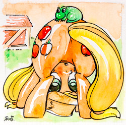 Size: 2278x2259 | Tagged: safe, artist:ruzi-the-spider, applejack, earth pony, frog, pony, g4, applebutt, both cutie marks, butt, featureless crotch, female, frog inspector applejack, frontbend, high res, mare, plot, silly, silly pony, traditional art, watercolor painting, who's a silly pony
