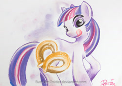 Size: 1600x1128 | Tagged: safe, artist:ruzi-the-spider, twilight sparkle, g4, pretzel, pretzel coordination, traditional art, twipretzel