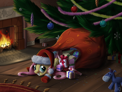 Size: 3800x2850 | Tagged: safe, artist:sirzi, fluttershy, g4, bag, christmas, christmas tree, clothes, cute, female, fireplace, grin, hat, high res, looking at you, lying, present, prone, santa hat, shyabetes, smiling, socks, solo, squee, tree