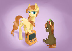 Size: 1024x731 | Tagged: safe, artist:justbrohoof, button mash, oc, oc:cream heart, pony, g4, colt, female, male, mare