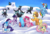 Size: 1000x675 | Tagged: safe, artist:oomles, applejack, fluttershy, pinkie pie, queen chrysalis, rainbow dash, rarity, twilight sparkle, changeling, g4, mane six, party cannon, snow, snowball, snowball fight, snowfall, underhoof, winter