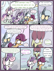 Size: 1235x1625 | Tagged: safe, artist:slitherpon, apple bloom, diamond tiara, scootaloo, silver spoon, sweetie belle, earth pony, ghost, pegasus, pony, unicorn, moody mark crusaders, g4, apple bloom is not amused, bandage, comic, cutie mark crusaders, female, filly, foal, one eye closed, unamused, wink