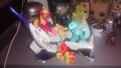 Size: 960x539 | Tagged: safe, big macintosh, fluttershy, lyra heartstrings, sunset shimmer, earth pony, pony, g4, astrotrain, attack, blind bag, bundle, decepticon, help me, toy, transformers
