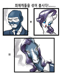 Size: 1200x1440 | Tagged: safe, artist:callmefjord, rarity, horse, g4, balaclava, bedroom eyes, cigarette, crossover, hoers, implied hammers, korean, looking at you, rarispy, spy, spy (tf2), team fortress 2, translated in the comments, why