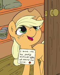 Size: 2000x2500 | Tagged: dead source, safe, artist:keeponhatin, applejack, earth pony, pony, g4, applejack's hat, appul, cowboy hat, cute, female, filly, hat, high res, jackabetes, looking up, mare, open mouth, open smile, pony shaming, shaming, sign, smiling, solo, that pony sure does love apples, younger