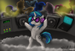 Size: 1280x886 | Tagged: safe, artist:silnat, dj pon-3, vinyl scratch, g4, dance party, let's play, music, party hard, pon3con, wild party