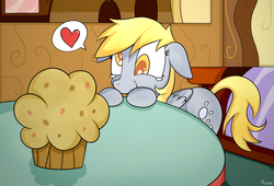 Size: 1440x978 | Tagged: safe, artist:ollywiicious, derpy hooves, pegasus, pony, g4, female, heart, mare, muffin, solo, that pony sure does love muffins