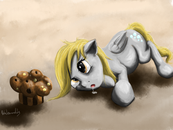 Size: 1024x768 | Tagged: safe, artist:winternachts, derpy hooves, pegasus, pony, g4, digital art, drool, female, mare, muffin, solo, that pony sure does love muffins