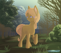 Size: 1024x886 | Tagged: safe, artist:novaquinmat, oc, oc only, earth pony, pony, cloud, day, earth pony oc, pasture, puddle, solo, tree