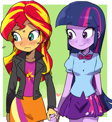 Size: 461x500 | Tagged: dead source, safe, artist:baekgup, sunset shimmer, twilight sparkle, equestria girls, g4, blushing, clothes, cute, duo, female, holding hands, lesbian, shimmerbetes, ship:sunsetsparkle, shipping, twiabetes, twilight sparkle (alicorn)