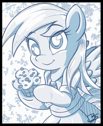 Size: 1794x2198 | Tagged: safe, artist:beamsaber, derpy hooves, pony, g4, bipedal, clothes, credits, cute, equestria girls outfit, female, monochrome, muffin, necktie, solo, style emulation