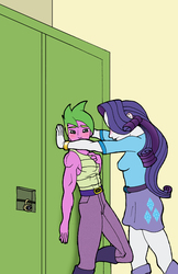 Size: 1650x2550 | Tagged: safe, artist:bico-kun, rarity, spike, equestria girls, g4, blushing, female, human spike, kabedon, male, reversed gender roles equestria, ship:sparity, shipping, straight