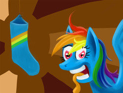 Size: 1000x750 | Tagged: safe, artist:fantdragon, rainbow dash, pegasus, pony, g4, abstract background, clothes, female, hook, mare, open mouth, silly, silly pony, sock, socks, solo, tongue out