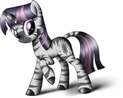 Size: 1078x853 | Tagged: safe, artist:sirzi, twilight sparkle, zebra, zebracorn, g4, :t, confused, female, frown, looking back, mare, raised hoof, simple background, solo, species swap, transparent background, wide eyes, zebrafied