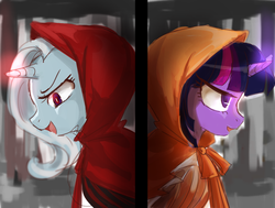 Size: 900x682 | Tagged: safe, artist:weiliy, trixie, twilight sparkle, pony, unicorn, g4, cloak, clothes, female, hood, mare, pixiv