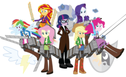 Size: 4600x2826 | Tagged: safe, artist:amante56, applejack, fluttershy, pinkie pie, rainbow dash, rarity, sci-twi, sunset shimmer, twilight sparkle, human, equestria girls, g4, attack on titan, crossover, humane five, humane seven, humane six, shingeki no koyubi, simple background, transparent background