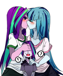 Size: 500x600 | Tagged: safe, artist:hisshi shoujo, aria blaze, sonata dusk, oc, equestria girls, g4, blushing, covering eyes, female, kissing, lesbian, magical lesbian spawn, offspring, parent:aria blaze, parent:sonata dusk, parents:arisona, ship:arisona, simple background, trio, white background