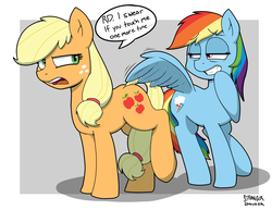 Size: 2589x2000 | Tagged: safe, artist:strangerdanger, applejack, rainbow dash, earth pony, pegasus, pony, g4, applejack the anti-shipper, female, high res, imminent molestation, lesbian, never doubt tchernobog's involvement, ship:appledash, shipping, shipping denied, this will end in pain, this will not end well