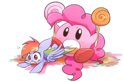 Size: 1200x800 | Tagged: dead source, safe, artist:joycall6, pinkie pie, rainbow dash, pegasus, pony, puffball, g4, blushing, imminent vore, implied vore, kirby, kirby (series), kirby pie, kirbyfied, lollipop, teary eyes