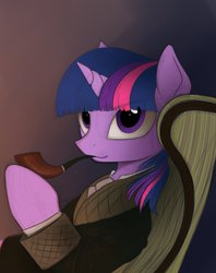 Size: 795x1004 | Tagged: safe, artist:yakovlev-vad, twilight sparkle, pony, tabun art-battle, g4, chair, clothes, female, lounging, pipe, robe, sherlock holmes, solo