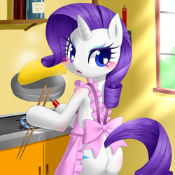 Size: 1000x1000 | Tagged: safe, artist:hashioaryut, rarity, unicorn, semi-anthro, apron, blushing, butt, butt blush, chopsticks, clothes, cooking, crepe, female, housewife, mare, naked apron, open mouth, pixiv, plot, rearity, solo, window