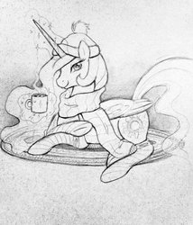 Size: 800x935 | Tagged: safe, artist:mmmenagerie, princess celestia, alicorn, pony, g4, clothes, coffee, female, grayscale, hat, monochrome, prone, scarf, socks, solo, striped socks