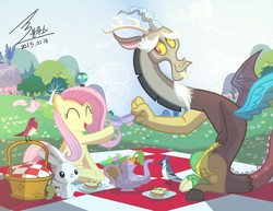 Size: 1100x849 | Tagged: safe, artist:bluse, angel bunny, discord, fluttershy, draconequus, parasprite, pegasus, pony, rabbit, g4, animal, female, food, male, picnic, show accurate, straight, tea, teacup
