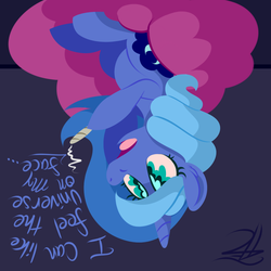 Size: 900x900 | Tagged: dead source, safe, artist:php92, princess luna, alicorn, pony, g4, blue background, drugs, female, high, hoof hold, mare, marijuana, open mouth, s1 luna, simple background, sitting, solo, text, upside down, wingding eyes