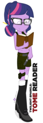 Size: 400x1125 | Tagged: safe, artist:dm29, sci-twi, twilight sparkle, equestria girls, g4, adorkable, belly button, book, boots, clothes, cosplay, costume, cute, dork, female, glasses, gun, lara croft, midriff, parody, pistol, pun, reading, simple background, socks, solo, tomb raider, transparent background