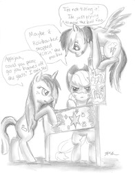 Size: 1492x1904 | Tagged: safe, artist:catscratchpaper, applejack, rainbow dash, oc, oc:rolling wonder, g4, pinball, speech bubble