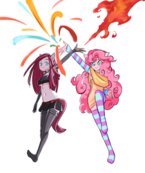 Size: 1024x1220 | Tagged: safe, artist:congee-painting, pinkie pie, anthro, g4, ambiguous facial structure, armpits, belly button, breasts, clothes, duality, evening gloves, female, firebending, fireworks, gloves, latex, pinkamena diane pie, pixiv, simple background, socks, solo, striped socks, transparent background, underboob