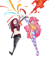 Size: 1024x1220 | Tagged: safe, artist:congee-painting, pinkie pie, human, g4, armpits, belly button, breasts, clothes, dress, duality, evening gloves, female, firebending, fireworks, gloves, humanized, latex, midriff, pinkamena diane pie, pixiv, simple background, skirt, socks, solo, striped socks, transparent background, underboob