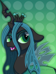Size: 1536x2048 | Tagged: dead source, safe, artist:littleovertures, queen chrysalis, changeling, changeling queen, g4, cute, cutealis, eyeshadow, fangs, female, floppy ears, lidded eyes, looking at you, makeup, open mouth, raised eyebrow, smiling, solo