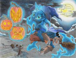 Size: 6476x5016 | Tagged: safe, artist:philo5, princess luna, g4, absurd resolution, boots, broom, cape, clothes, cloud, cloudy, female, flying, flying broomstick, full moon, hat, jack-o-lantern, looking at you, messy mane, moon, night, nightmare night, prone, pumpkin, smiling, solo, traditional art, windmill, witch hat