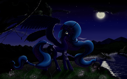 Size: 4096x2560 | Tagged: safe, artist:ampgamer, artist:shaadorian, princess luna, bat, g4, collaboration, feather, female, lake, moon, night, reflection, scenery, solo, spread wings, tail wrap, tribal