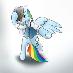 Size: 750x750 | Tagged: safe, artist:samofbob, rainbow dash, pegasus, pony, semi-anthro, g4, bipedal, clothes, female, grin, hat, mare, rainbow dash always dresses in style, simple background, solo, underhoof, white background