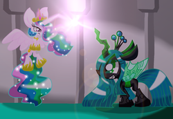 Size: 1600x1100 | Tagged: safe, artist:lovehtf421, princess celestia, queen chrysalis, alicorn, changeling, changeling queen, pony, a canterlot wedding, g4, beam, female, fight, impossibly large ears, magic, scene interpretation