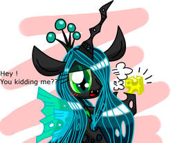 Size: 1030x850 | Tagged: safe, artist:lovehtf421, queen chrysalis, changeling, changeling queen, g4, annoyed, blushing, cheese, cheeselegs, female, impossibly large ears, looking at you, solo
