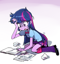 Size: 657x700 | Tagged: safe, artist:baekgup, twilight sparkle, alicorn, equestria girls, g4, book, clothes, crumpled, female, flustered, kneeling, leg warmers, messy mane, nervous, notebook, open mouth, paper, pencil, pleated skirt, shirt, shoes, skirt, solo, stressed, sweat, twilight snapple, twilight sparkle (alicorn)