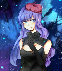 Size: 587x667 | Tagged: safe, artist:rt, rarity, human, g4, beatnik rarity, beret, boob window, clothes, evening gloves, female, hat, humanized, keyhole turtleneck, open clothes, open-chest sweater, pixiv, solo, sweater, turtleneck