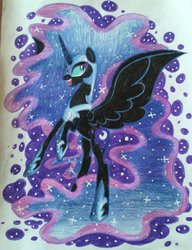 Size: 600x782 | Tagged: safe, artist:doggie31, nightmare moon, g4, female, rearing, solo, spread wings, traditional art